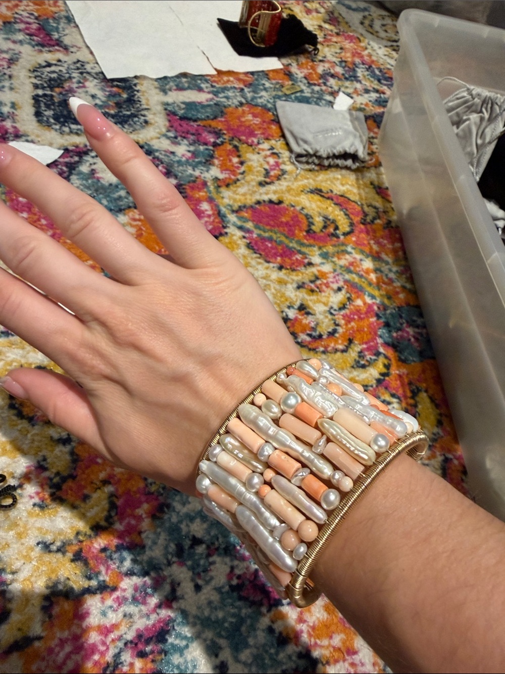 Jaded London Peach and White Multi-Row Beaded Stretch Bracelet